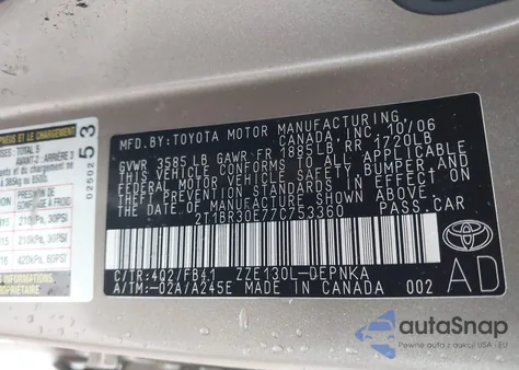 2007 Toyota Corolla Le from USA, damaged, VIN 2T1BR30E77C753360